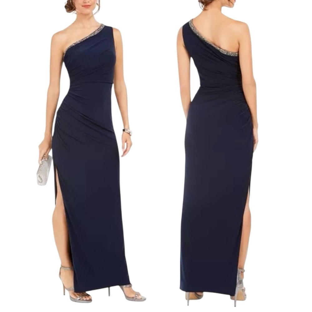 🌻NEW w/tag Adrianna Papell Navy 1-Shoulder Embellished Formal Gown Dress Size 4